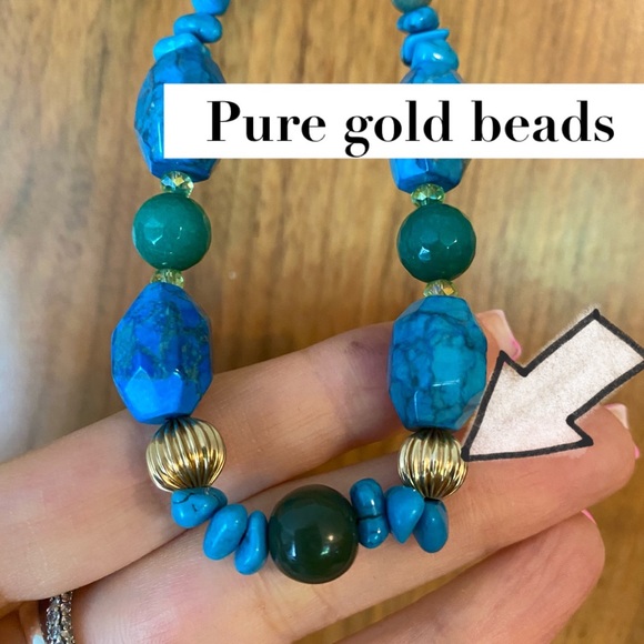 New Natural Turquoise, Pure Gold, & Jade Handmade Necklace Blue Gold Green NWT - Picture 4 of 15